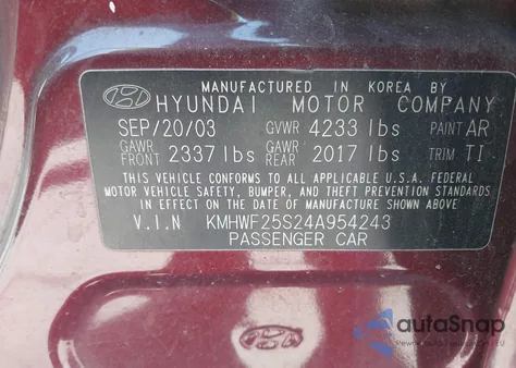 2004 Hyundai Sonata z USA, uszkodzony, nr VIN KMHWF25S24A954243